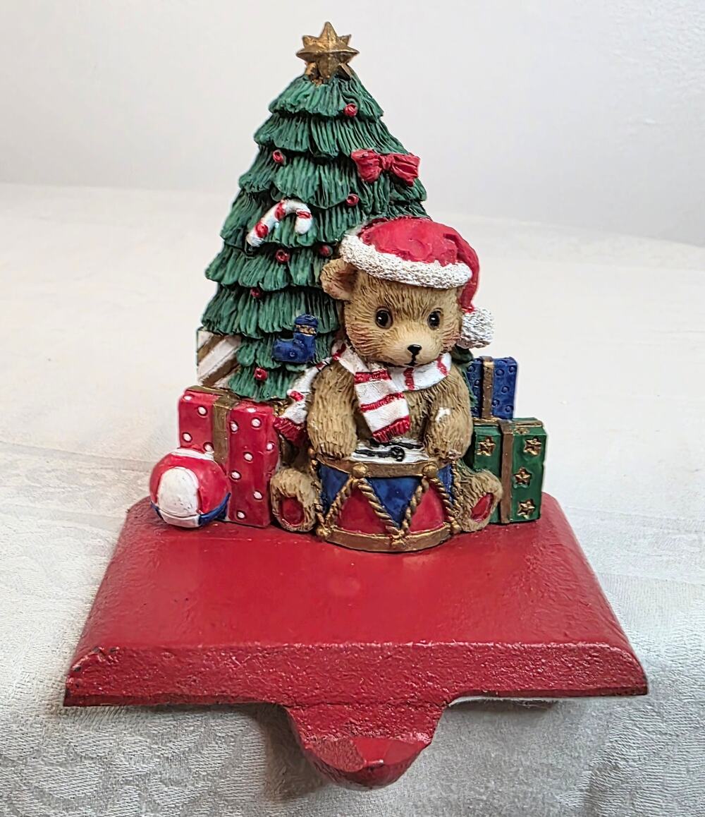 Vtg Cast Iron Mantle/Shelf Christmas Stocking Holder Tree & Teddy Bear Festive